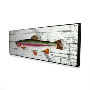 360 Stand 16x48 in. Framed Wood Wall Art - Artistic Trout World Map Print, Red Nature Artwork, Aquatic Themed Home Decor Decoration for Room Supplies, Aquatic Wall Arts