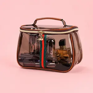 New Retro Vintage Vanity Bag, Vintage Makeup Bag, Ladies Large Capacity Makeup Organizer, Waterproof Transparent with Zipper Toiletry Bag, Women Ladies Travel Storage Case (Transparent brown)