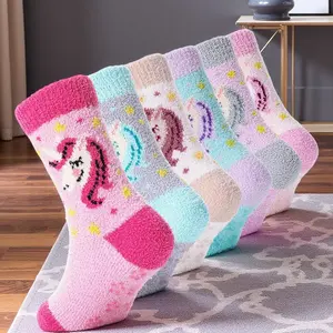 L-F02  Girls Kids Toddler Fuzzy Socks with Grips - Non Slip Slipper Socks, Crew Cabin Cozy Fluffy Warm Winter Socks 6 Pairs
