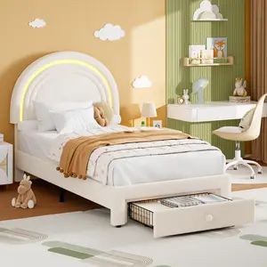 Beige Twin Upholstered LED Bed Frame - with Storage Drawer and Rainbow Headboard,Berber Fleece Princess Platform Bed for Kids,Solid Wood Slat Support,No Box Spring Needed,Easy Assembly