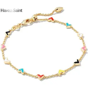 Haven Saint Multi Mix Enamel Heart Bracelet 14K Gold Plated Dainty Chain Link Bracelet Forever Love Heart Charm Stackable Minimalist Fashion Jewelry for Women Valentine Birthday Christmas Gift