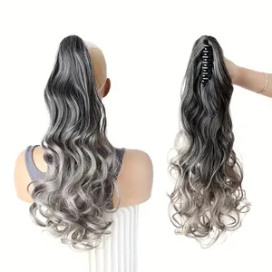 [Long Curly Gray Ombre Hairpiece] Elegant Women's Gray Ombre Long Curly Claw Clip Ponytail Extension - High-Quality Synthetic Hairpiece with Natural-Looking Waves, Hair Accessories-