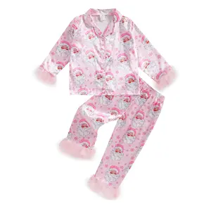 Kids Baby Girls Christmas Pajama Sets Feather Trim Long Sleeve Button Shirt Pants 2 Piece Pjs Santa Sleepwear Mommy and Me Matching Loungewear