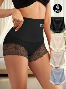 QUASTI 4-Pack Sexy Women's Lace Cheeky Panties for Ladies, 4-Colors Smooth Bridal High Waist Soft Women's Underwear,Feminine High Elastic No-Ride Comfort Hipster Panties, Breathable Stretchy Panties Set for Daily Womenswear Birthday Gifts Floral Grey