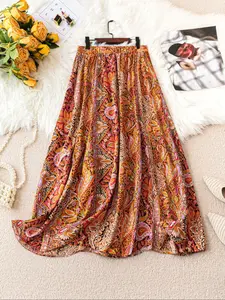 Plus Size Women's Floral Midi Skirt, Vintage Style Comfortable Elegant A-Line Skirt, Versatile High Waist Design for All Occasions
