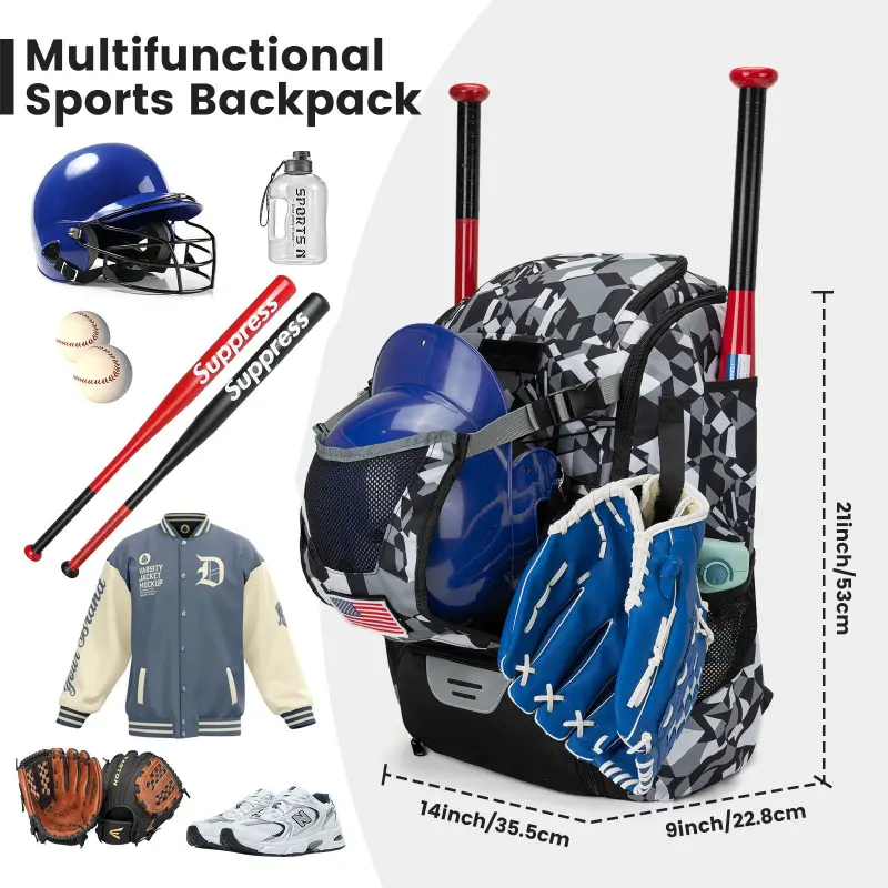 Unisex Adults' Blue Gray Camouflage Baseball Backpack for Baseball Lovers, Tournament - High-Grade Fabric, Water-Resistant, Padded Sleeves, Helmet Holder, 2 Bat Holders, Elastic Loops, Ergonomic Straps, Organizes Gear, Even Weight Distribution