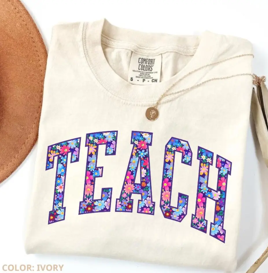 Comfort Colors Floral Teacher T-Shirt, Retro Teach Graphic Tees, Teacher Appreciation, Teacher Graduation, Student Teacher Gifts, Top Womenswear