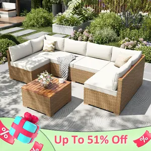 【1/2 Packages Shipping】Phivilla Boho Wicker Patio Furniture Sofa Set, 3-6 Seaters, Outdoor Rattan Sectional Sets Conversation Set - Weather-Resistant, with Dual Storage Coffee Table Acacia Wood Legs for Garden, Patio & Deck,SpringGlowUp