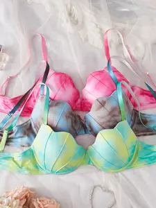 Rainbow Gradient Shell Design Underwire Bra Set, Comfortable Seamless Lined Bras, Fitted Medium Support, Summer Wear, 3 Pack