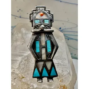 Large Kachina ring Navajo turquoise mother of pearl coral size 7 sterling silver women