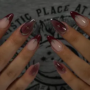 24 pieces of almond shaped fake nails, red French star silver border striped nail art pieces, finished product, detachable wearable nail