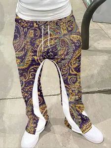 Luxury Paisley Print Flare Pants, Vintage Casual Long Trousers, Geometric Pattern, Fitted Style, All Seasons Wear
