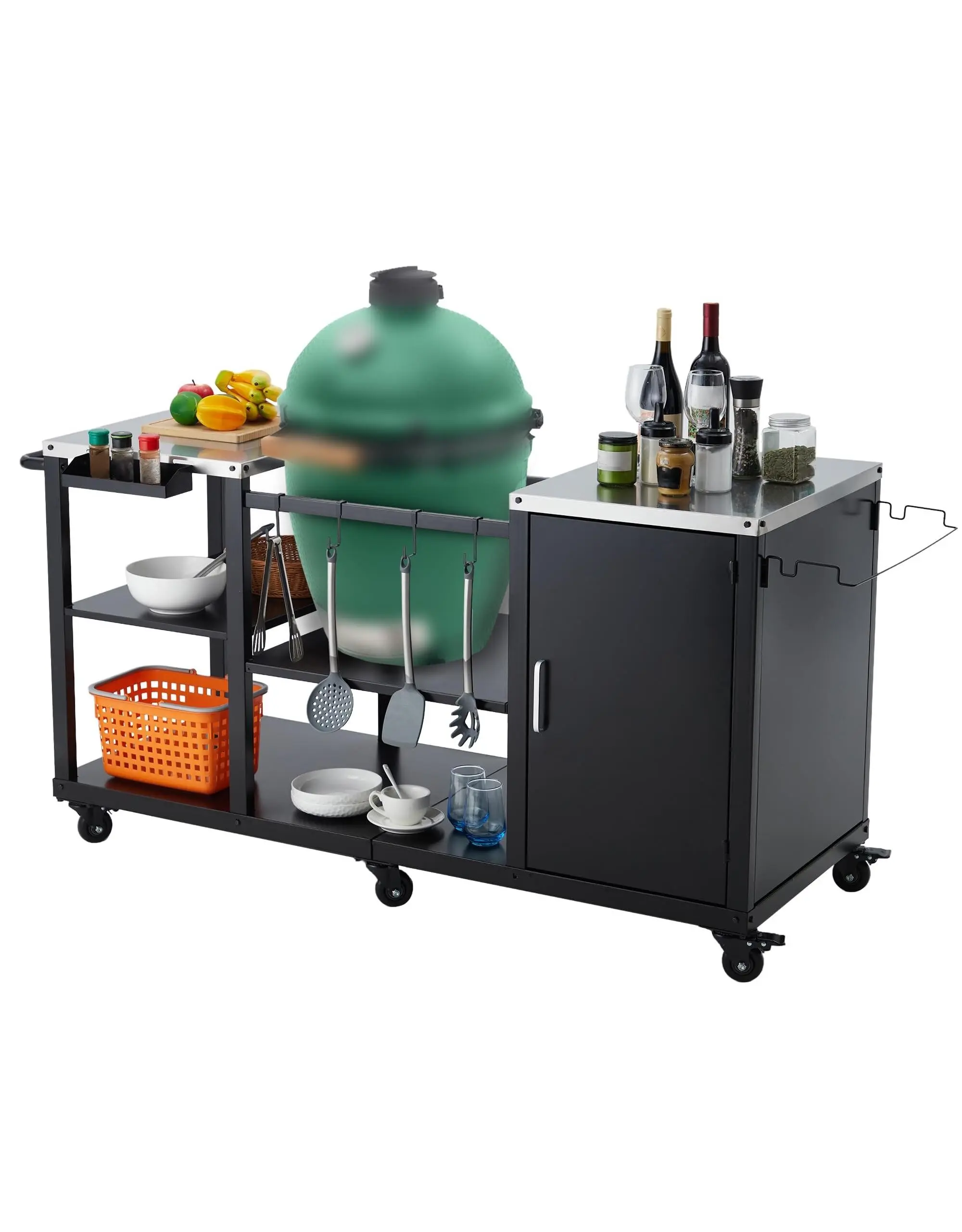 Grill Table for Big Green Egg Style BBQ - Heavy Duty Metal Outdoor Grill Station Prep Table with Storage, Metal Grill Cart with Stainless Steel Top, Storage Cabinet, Outdoor Kitchen Island, 6 Casters