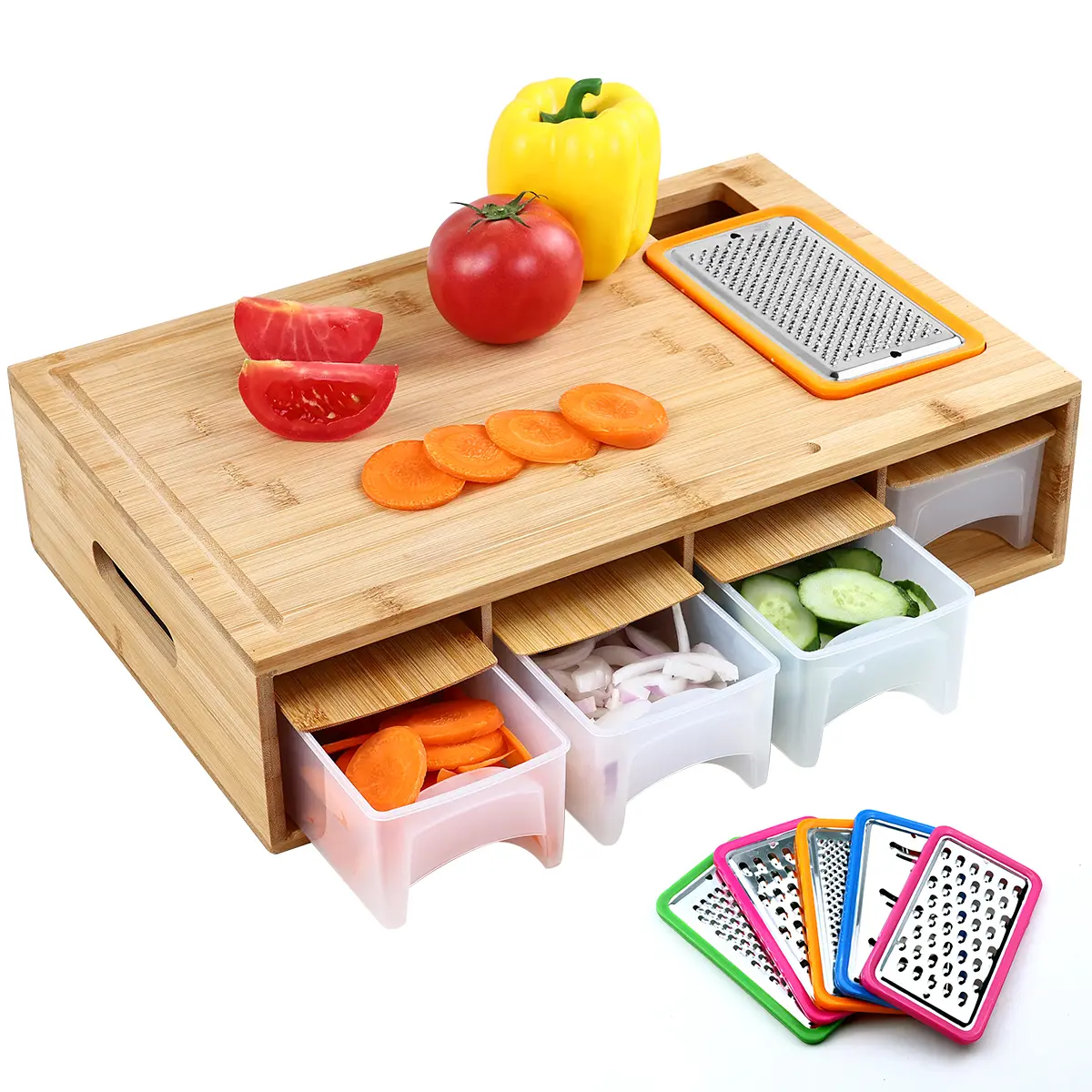 Bamboo Cutting Board with Food Container Storage Box Food Drop Area Carving Board Cheese Shredder Juice Tank & Storage Box for Vegetables Cheese and Meat Carving Board with Easy Handgrip