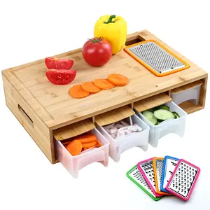 Bamboo Cutting Board with Food Container Storage Box Food Drop Area Carving Board Cheese Shredder Juice Tank & Storage Box for Vegetables Cheese and Meat Carving Board with Easy Handgrip