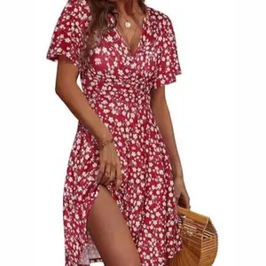 Women's Summer Floral Short Sleeve Wrapped V-Neck A-Line Midi Dress Print Casual Womenswear Shortsleeve Bohemian Boho Vneck gold  sherri  hill  55927