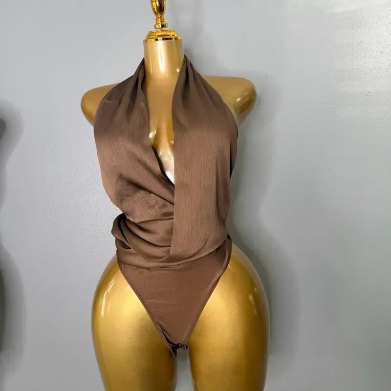 Brown Satin Backless V-Cut Bodysuit