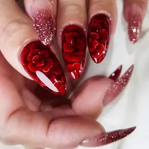 24Pcs Red Gradient Short Almond Press on Nails with Rose Flower Design, Glossy Gold Glitter False Nails Gel Glue on Nails, Shine Ombre Manicure Art Acrylic Fake Nails Stick on Nails for Women Girls AROVFAM
