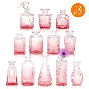 12-Piece Set, High-End Embossed Glass Vases, Romantic Style Floral Decorative Bottles, Perfect for Wedding/party Table Arrangements, Home Decoration