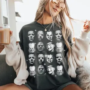 Retro Aesthetics All Character Halloween Movie Tshirt, Horror Movie Theme Scary Movie T-shirt, Horror Character Shirt, Vintage Halloween Scary Movie, Top Menswear Streetwear Casual Crewneck