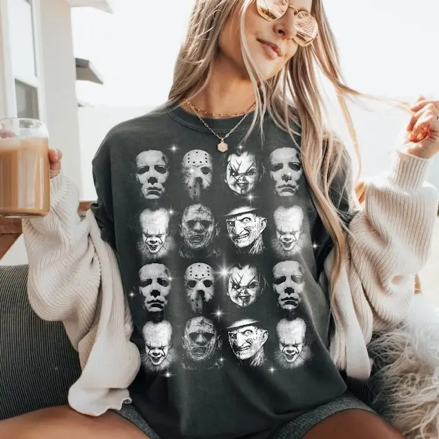 Retro Aesthetics All Character Halloween Movie Tshirt, Horror Movie Theme Scary Movie T-shirt, Horror Character Shirt, Vintage Halloween Scary Movie, Top Menswear Streetwear Casual Crewneck
