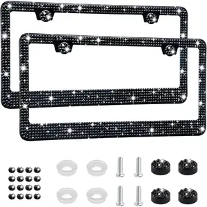2 Pack Bling License Plate Frame Black Rhinestone Handcrafted Crystal Stainless Steel Diamond Sparkle Caps for Women universal car license plate frame