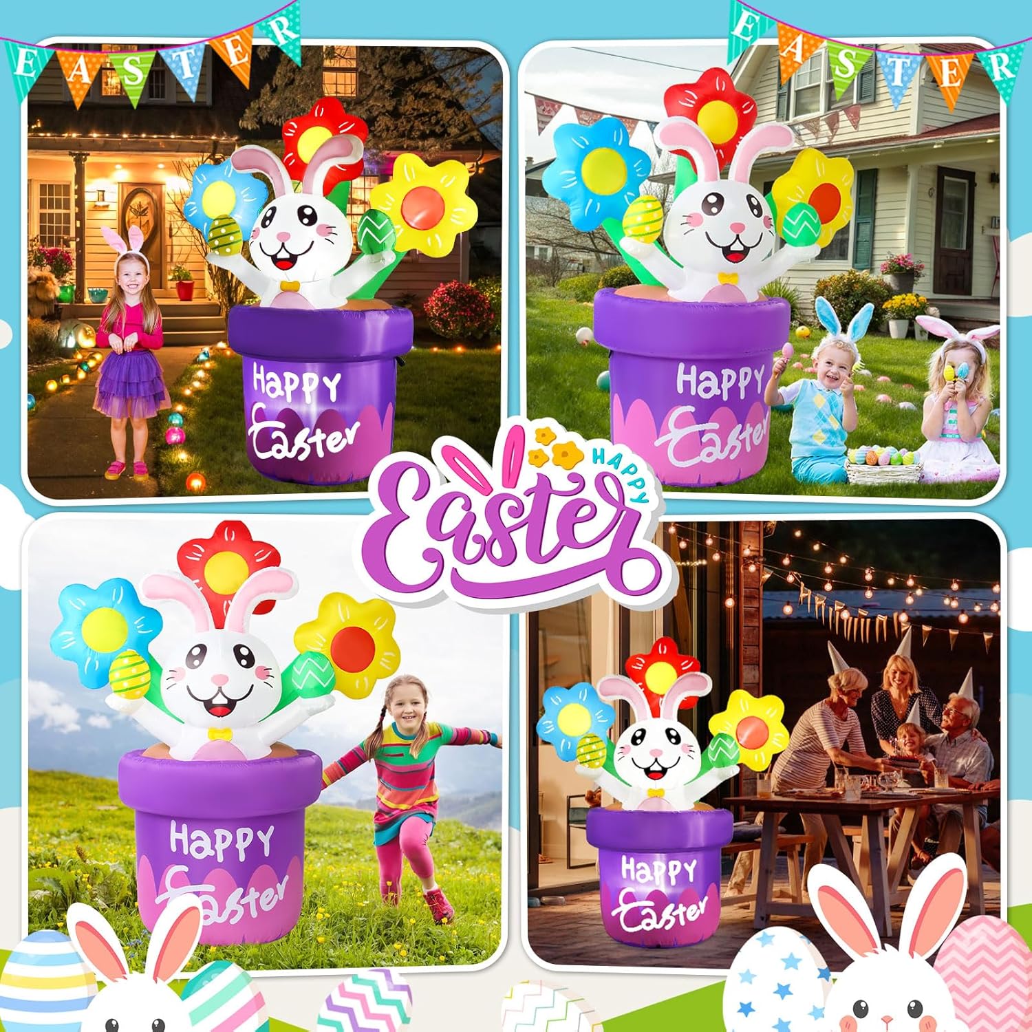 Easter Inflatables Outdoor Decorations 5.5ft Inflatable Easter Bunny Basket with Flowers Eggs Rabbit Blow Up Yard Decor Led Lights Holiday Blow Ups Indoor Outside for Lawn Party Garden Spring