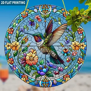 2D flat design, 1 piece, Colorful Flowers and Hummingbird Sunlight Catcher, Round Acrylic, 8x8 inches, Modern Style, Suitable for Living Room, Bedroom, Housewarming, New Year, General Holiday Gift, Anniversary Decoration