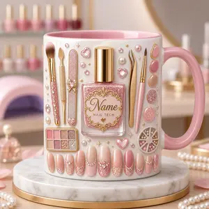 Custom Name Nail Tech Mug 2D Printed 3D Effect Coffee Mug Pink Design Ceramic Cup for Manicurist Nail Artist Technician Beauty Lover Gift for Women Girls Salon Owner Birthday Graduation Appreciation Gift Idea
