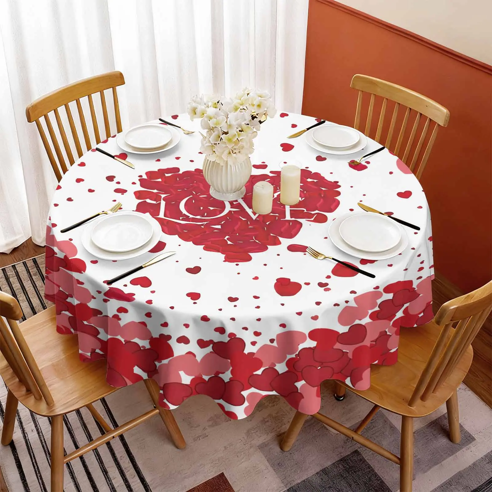 EastJia 1pc Polyester Round Elegant Tablecloth - Red Heart & 'LOVE' Design, Lightweight, Durable, Easy to Clean, Machine-Made, Ideal for Valentine's Day, Dining Table Use, Home Decor