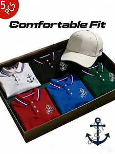 Men's Polo Shirt Set, Fitted Short Sleeve Casual Tee, Fashion Home Wear, Anchor Print, Summer New, Breathable Daily/golf Shirt, Multiple Colors