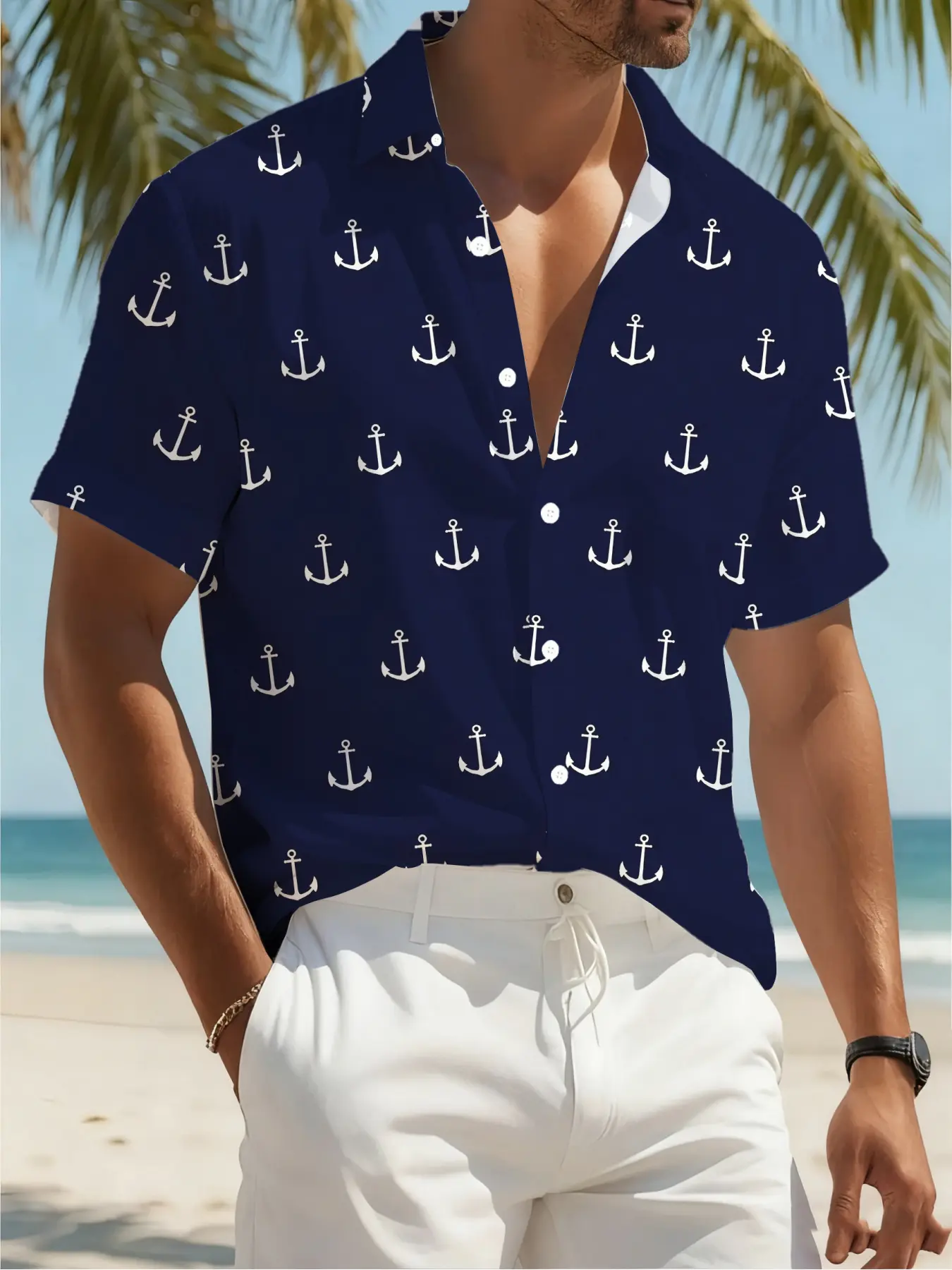 Men'S Hawaiian Shirt, Tropical Casual Short-Sleeve Button-Up with Anchor Print - Machine Washable - Perfect for Hawaii