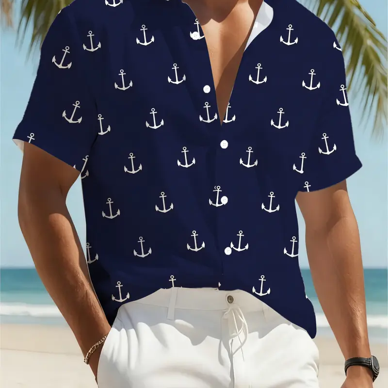 Men'S Hawaiian Shirt, Tropical Casual Short-Sleeve Button-Up with Anchor Print - Machine Washable - Perfect for Hawaii Tops