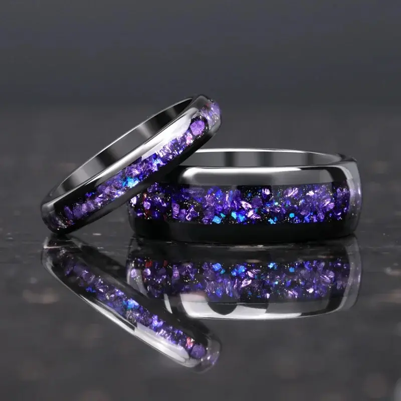 Mens Tungsten Carbide Ring Amethyst Inlay Black Wedding Band Engagement Promise Jewelry Gift 8MM Width Durable For Men DailyWear