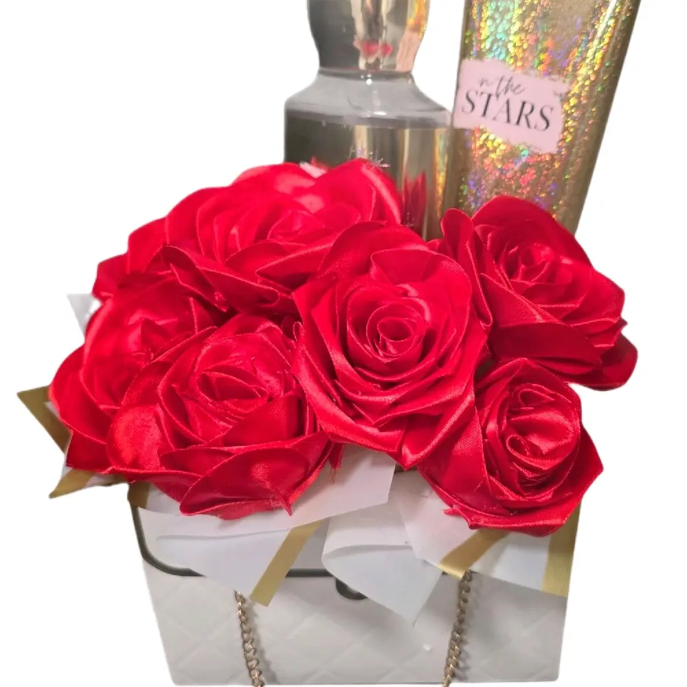 Eternal Flower Bouquet Box Arrangement with Perfume & Cream Set - Red Ribbon Roses, Gold Twine, and Decorative Elements