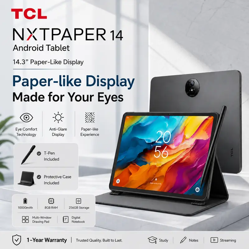 TCL NXTPAPER14Android LCD Tablet (Gray) - 14.3" Paper-Like Screen,4096-Level Stylus,Metal Flip Case,8+8GB RAM,256GB Storage,10000mAh Batteries,13MP Camera,Multi-Window,Charging Support,Work Content Creator Stand,Digital Notebook techvibes