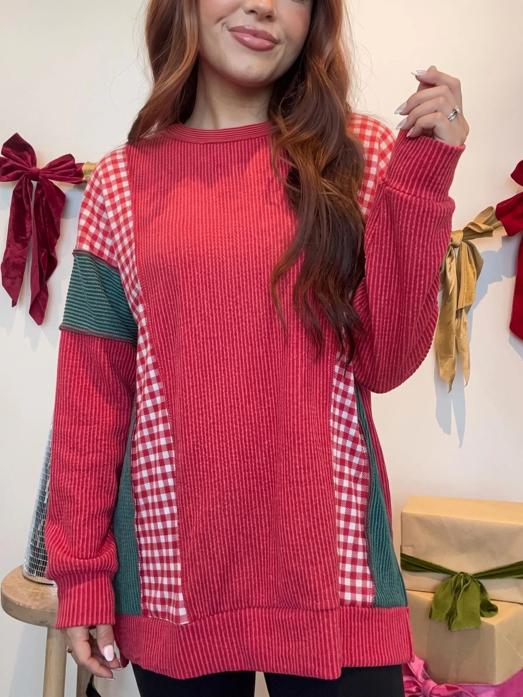 Women's Plaid Patchwork Long Sleeve Tops Ribbed Knit Colorblock Tunic Shirts Casual Round Neck Pullover Blouses Chic Day Everyday Fit Garment Knitwear
