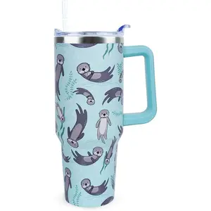 40oz Cute Sea Otter Insulated Stainless Steel Double-Walled Tumbler - Insulation Kitchenware Drinkware with Handle, Lid, Straw, Portable Travel Coffee Mug, Women's Birthday Gift