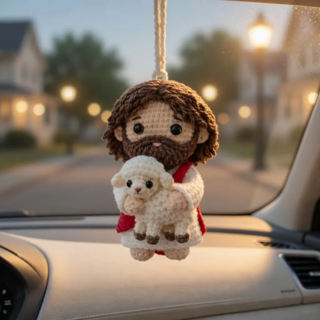 Handmade Jesus with Lamb Crochet Car Hanging | Good Shepherd Amigurumi Ornament | Christian Rearview Mirror Charm, Catholic Gift, Religious Car Decor