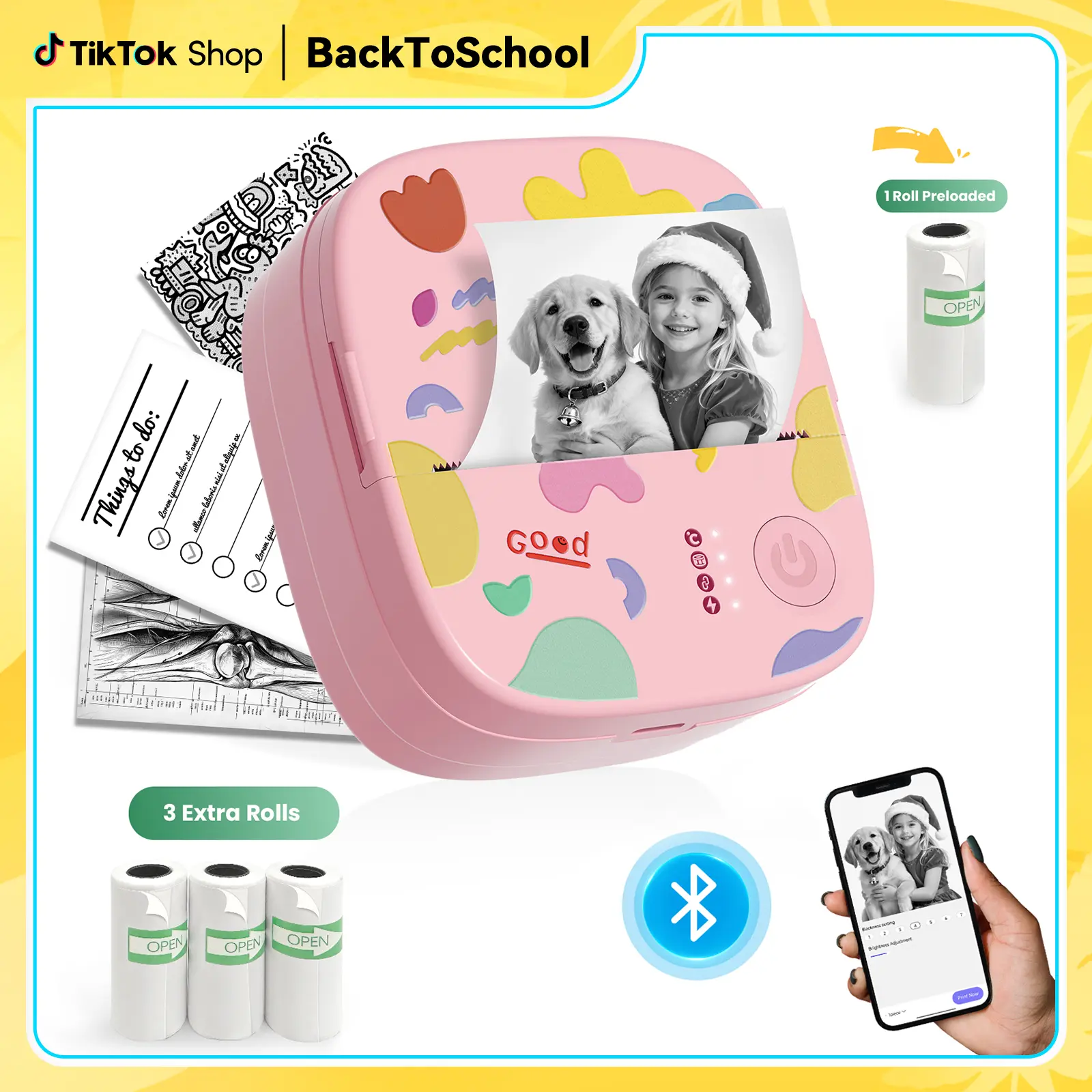XenGro Mini Sticker Bluetooth Printer included 3 Roll label Thermal Pocket Printer,Inkless Portable Printer B&W Printing Only for Study Notes, Photos, Memos, Lists, Journals Printing Machine Sticky Label, Birthday Gifts for Girls Boys back to school