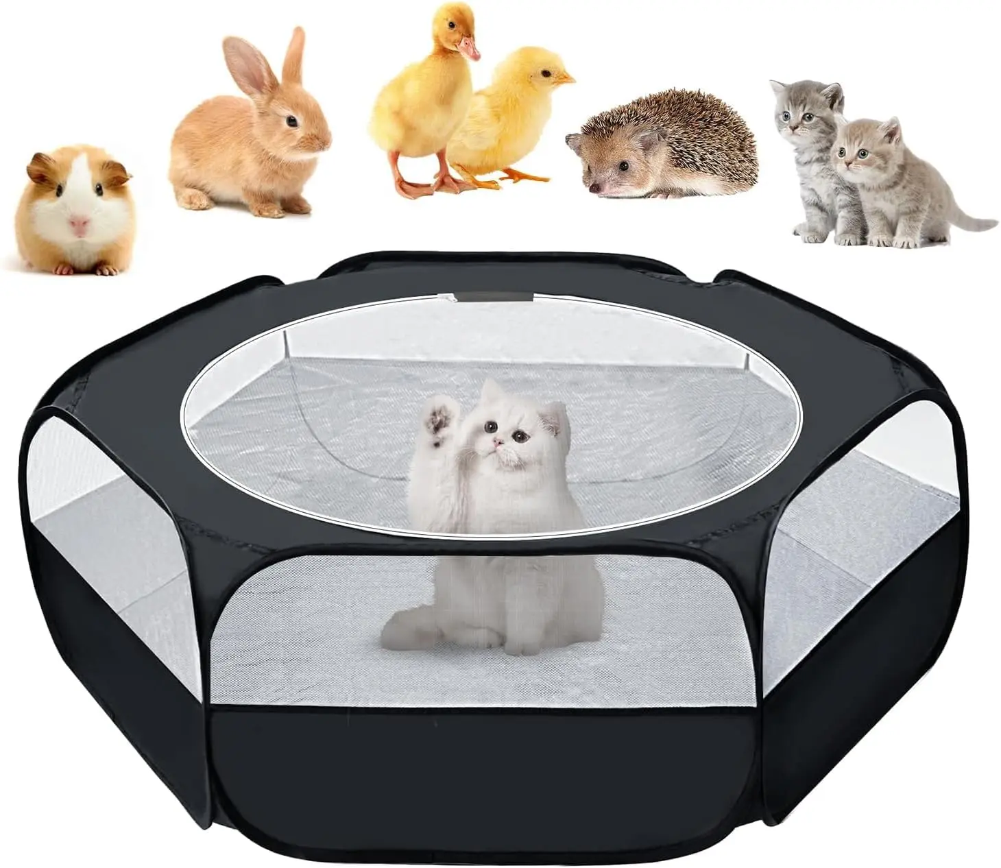 Black Portable Tent-Shape Small Animal Playpen with Breathable Mesh Cover, Chick/Bunny Pet Exercise Cage with Portable Setup, Waterproof Indoor-Outdoor Chicken Brooder Box