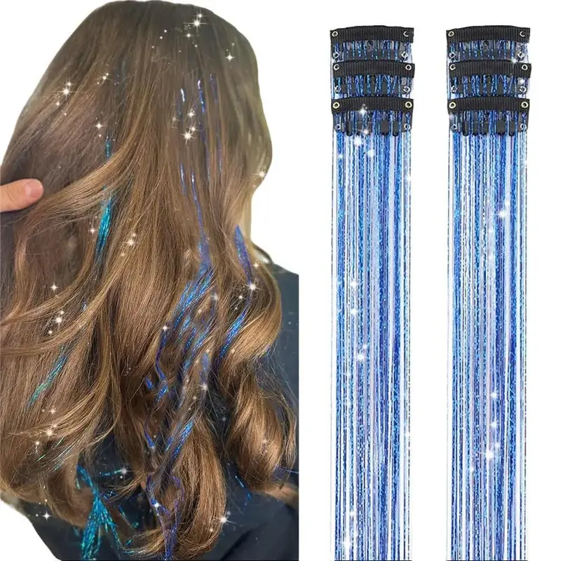 Sohochic AISI HAIR 20-Inch 6-Piece Tribal Clip-in Shimmering Colored Hair Tinsel Kit for Female, Heat-Resistant Glitter Synthetic Extensions & Pieces, One-Size-Fits-Most Straight Clip-ins, Fast Party Styling Festival Gift Accessory