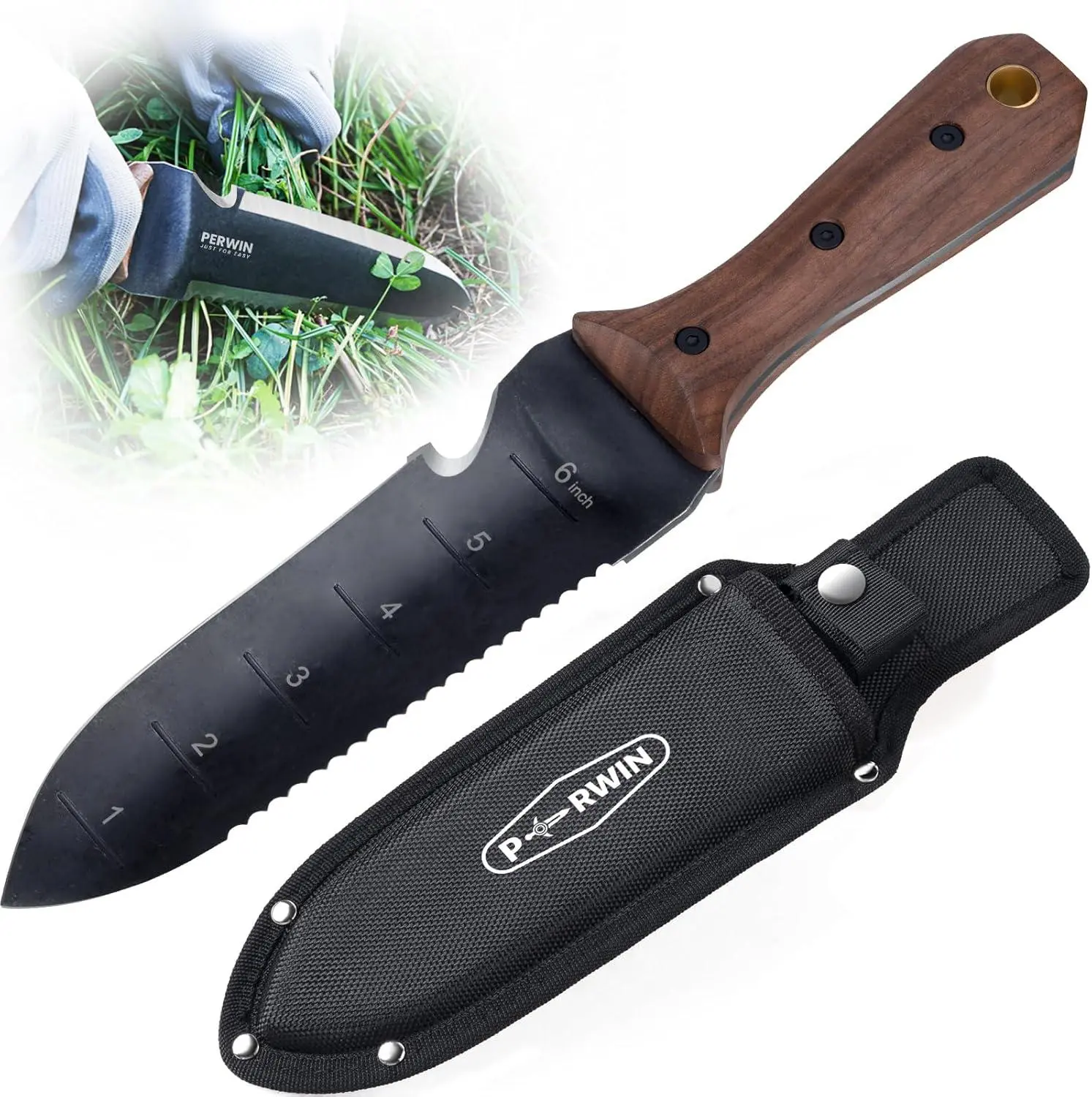 Garden Knife with Sheath, 7" Stainless Steel Full Tang Blade Gardening Tool for Weeding Planting Digging, Heavy Duty Hori Hori Style Garden Knife with Wood Handle, Measuring Scale & Hanging Hole, 7-Inch Blade, Built-In Measuring Scale, Weed/Dig/Cut