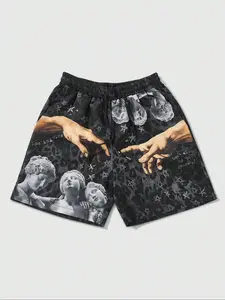 Men's Regular Fit Hand & Star Print Boxer Brief Swim Shorts, Casual Comfy Breathable Swim Shorts for Summer, Men's Swimwear for Beach Swimming