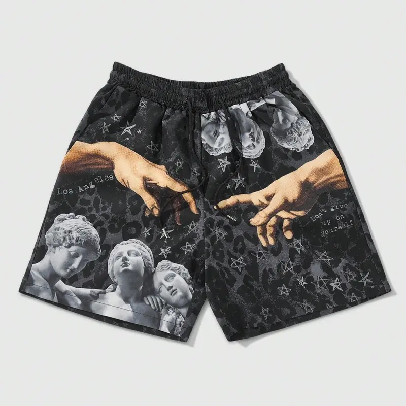 Men's Regular Fit Hand & Star Print Boxer Brief Swim Shorts, Casual Comfy Breathable Swim Shorts for Summer, Men's Swimwear for Beach Swimming