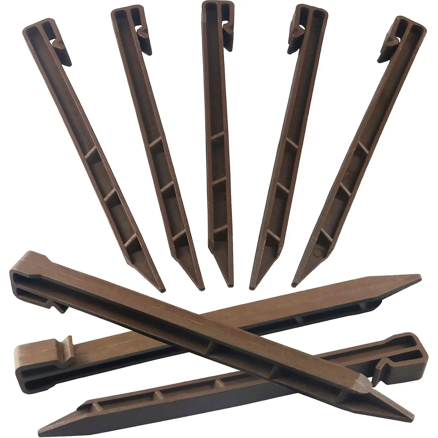 50 count Brown Landscape Edging Garden Stakes, 10 Inch Landscaping Anchoring Spikes Heavy Duty Plastic Garden Ground Netting Stakes Brown for Edging & Garden
