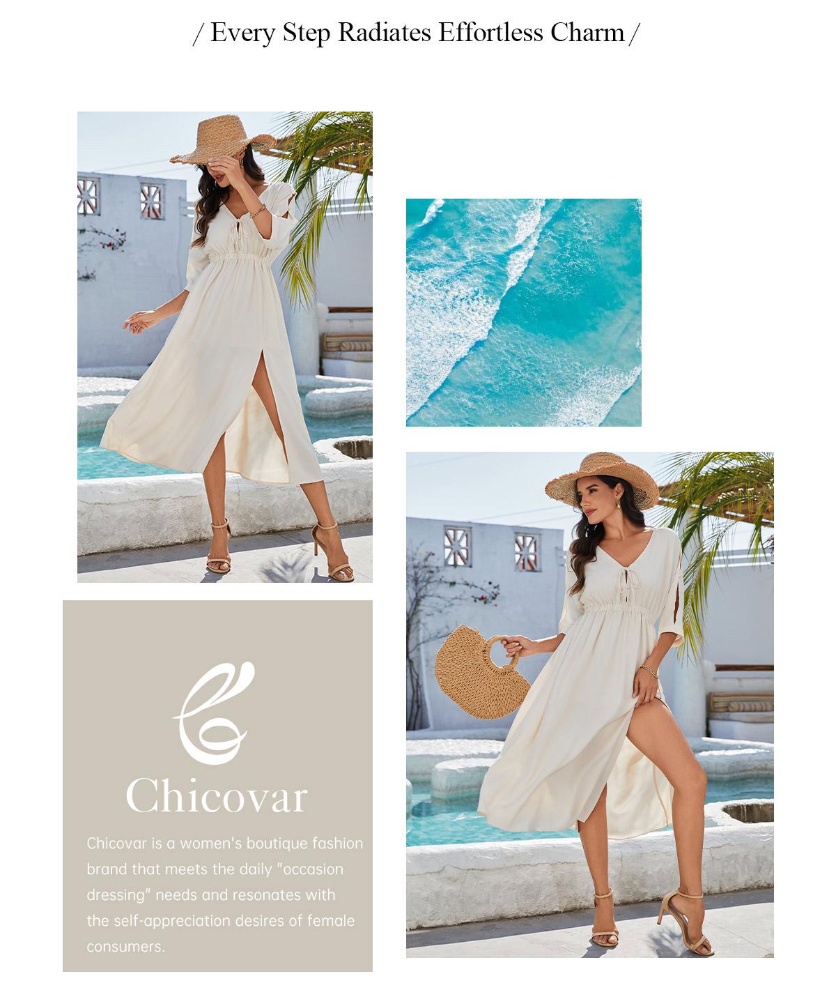 Chicovar Women's Boho V Neck 3/4 Sleeve Midi Dress with Pockets, Tie Front Button, Elastic Waist Batwing Sleeve Slit Dress for Beach Vacation, Easter dress,Casual Wear, Party & Date