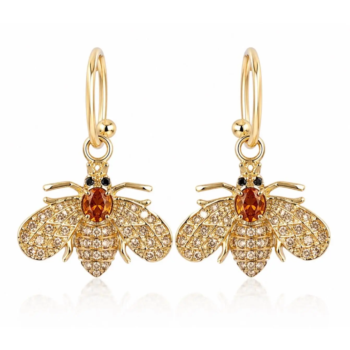 Bee Hoop Earrings Gold Plated with Sparkling Details and Amber Center