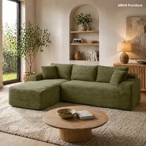 105-in Minimalist Corduroy Convertible L-Shape Sectional Sofa - Wrinkle-Resist, Deep Seat Chaise, No-Assembly Cloud Upholstered Green Indoor Living Room Corduroy Couch, Convertible Sectional Sofa