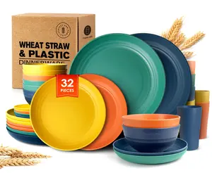COLORFUL-Dinnerware Sets for 8,Blue Plates and Bowls Sets Plastic,Wheat Straw Dinnerware Sets Unbreakable Microwave Safe Lightweight,32 Pcs Dishes Set for 4th of july Apartment Essentials Dorm